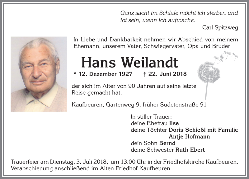 Traueranzeige von Hans Weilandt von Allgäuer Zeitung, Kaufbeuren/Buchloe