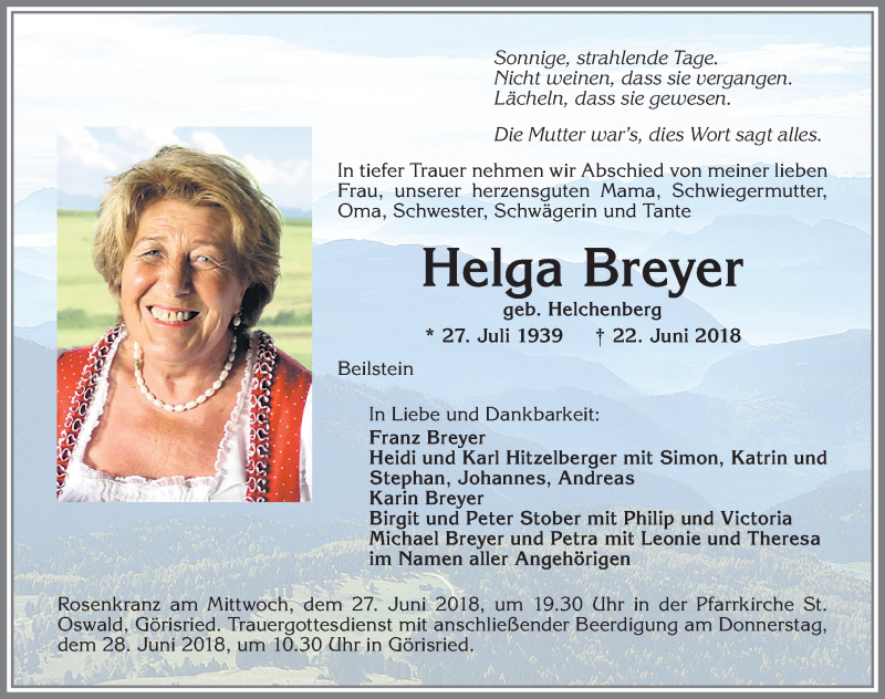 Traueranzeige von Helga Breyer von Allgäuer Zeitung, Gesamtausgabe