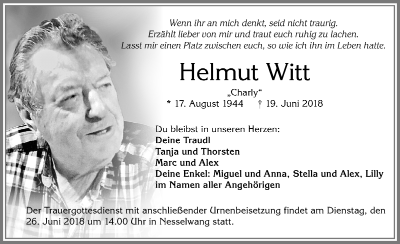 Traueranzeige von Helmut Witt von Allgäuer Zeitung, Füssen