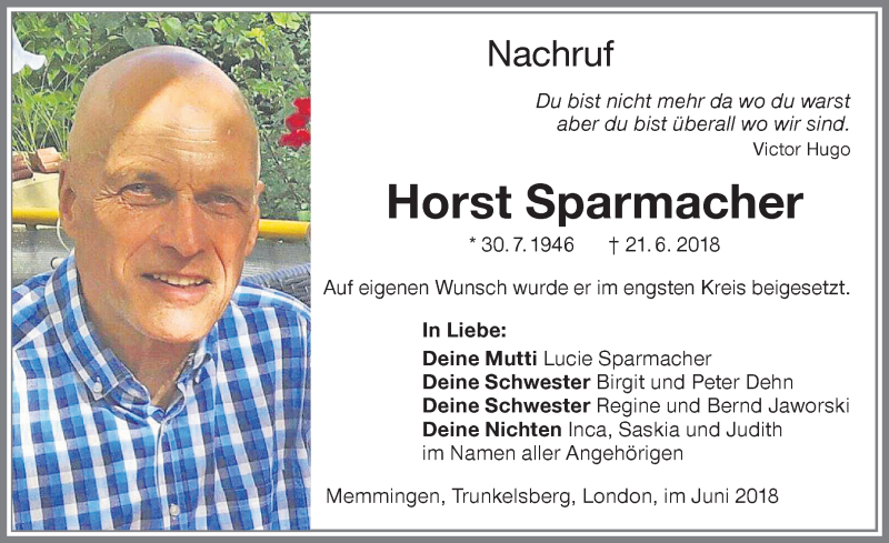 Traueranzeige von Horst Sparmacher von Memminger Zeitung