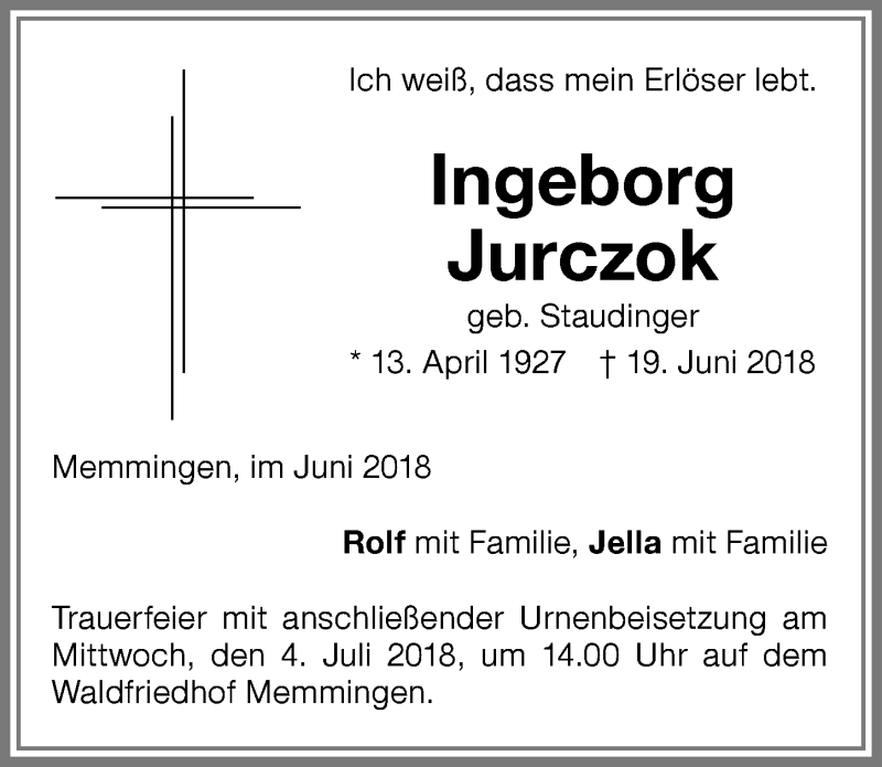 Traueranzeige von Ingeborg Jurczok von Memminger Zeitung