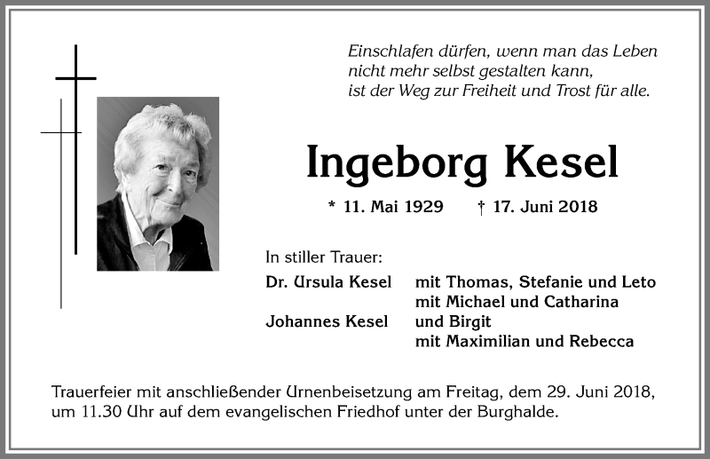 Traueranzeige von Ingeborg Kesel von Allgäuer Zeitung,Kempten
