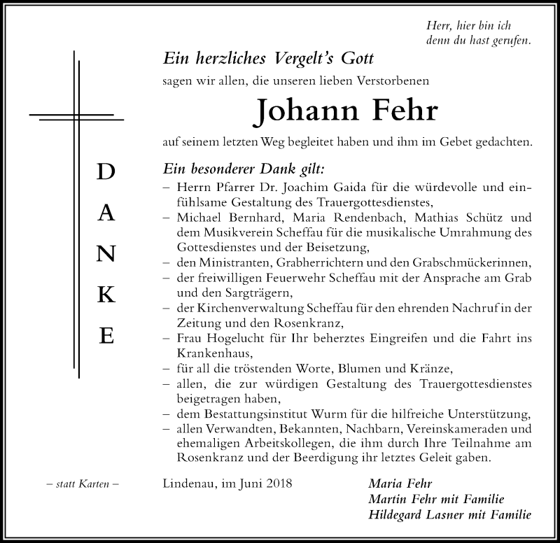 Traueranzeige von Johann Fehr von Der Westallgäuer