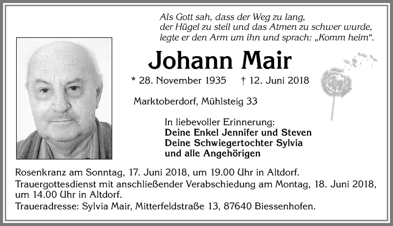 Traueranzeige von Johann Mair von Allgäuer Zeitung