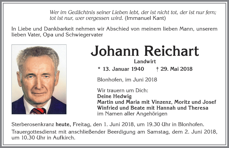 Traueranzeige von Johann Reichart von Allgäuer Zeitung, Kaufbeuren/Buchloe