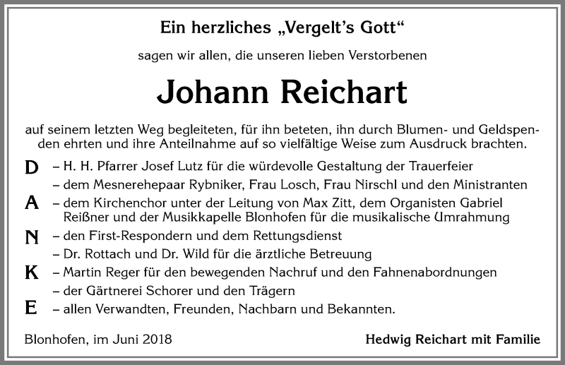 Traueranzeige von Johann Reichart von Allgäuer Zeitung, Kaufbeuren/Buchloe