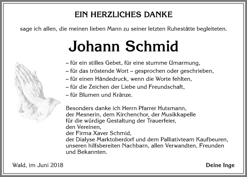 Traueranzeige von Johann Schmid von Allgäuer Zeitung, Marktoberdorf