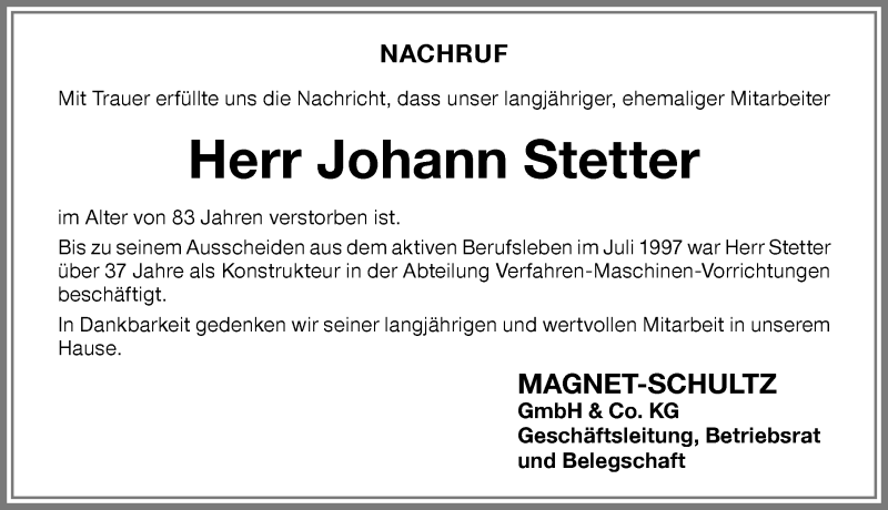 Traueranzeige von Johann Stetter von Memminger Zeitung