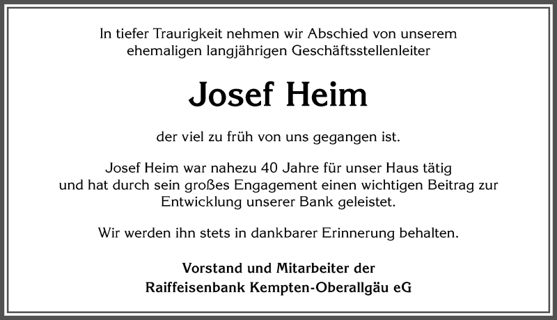 Traueranzeige von Josef Heim von Allgäuer Anzeigeblatt