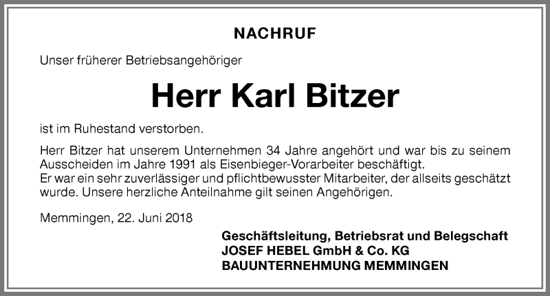 Traueranzeige von Karl Bitzer von Memminger Zeitung