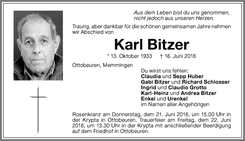 Traueranzeige von Karl Bitzer von Allgäuer Zeitung