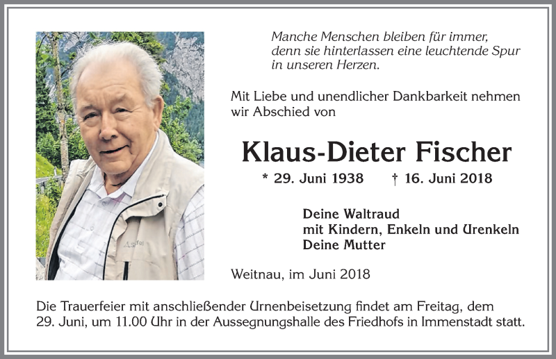 Traueranzeige von Klaus-Dieter Fischer von Allgäuer Zeitung