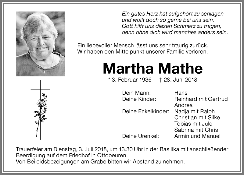 Traueranzeige von Martha Mathe von Memminger Zeitung