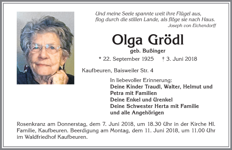 Traueranzeige von Olga Grödl von Allgäuer Zeitung, Kaufbeuren/Buchloe