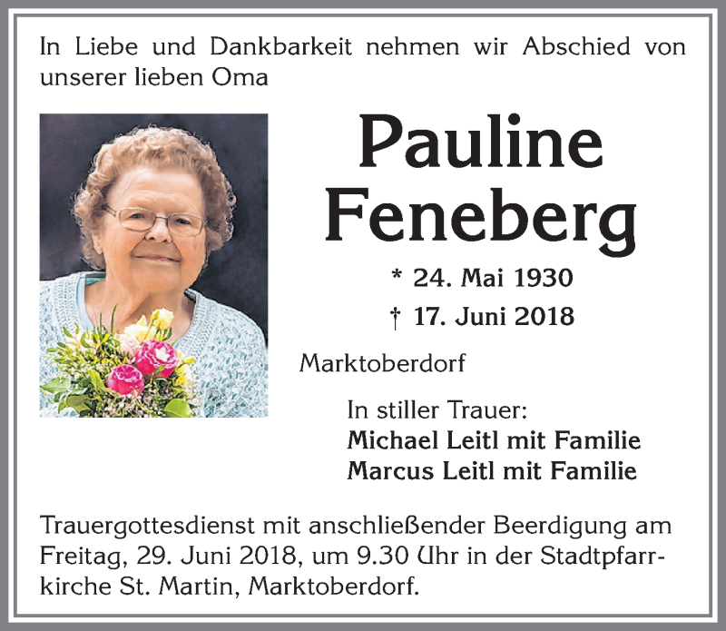 Traueranzeige von Pauline Feneberg von Allgäuer Zeitung, Marktoberdorf