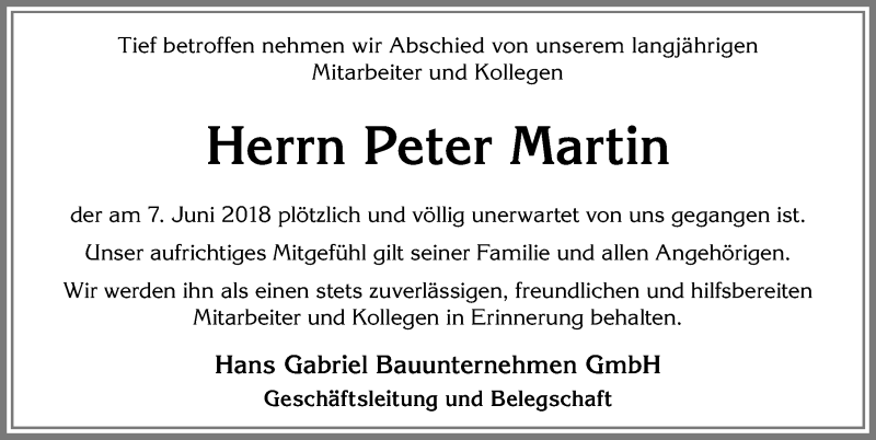 Traueranzeige von Peter Martin von Allgäuer Zeitung, Kaufbeuren/Buchloe