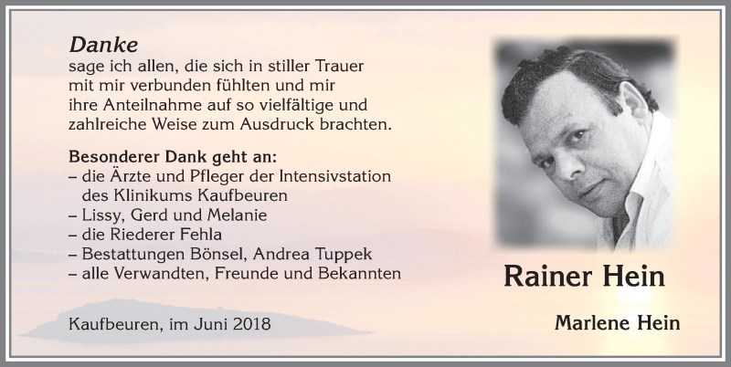 Traueranzeige von Rainer Hein von Allgäuer Zeitung, Kaufbeuren/Buchloe