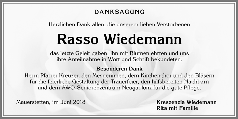 Traueranzeige von Rasso Wiedemann von Allgäuer Zeitung, Kaufbeuren/Buchloe