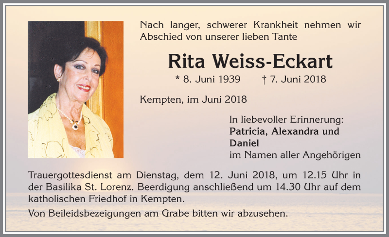 Traueranzeige von Rita Weiss-Eckart von Allgäuer Zeitung,Kempten
