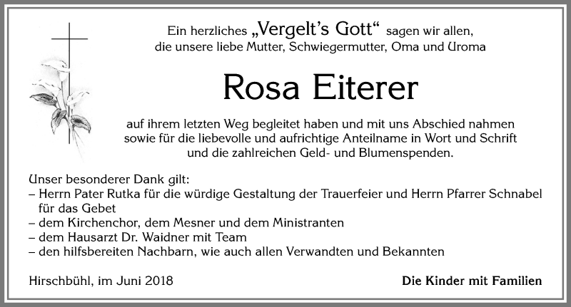 Traueranzeige von Rosa Eiterer von Allgäuer Zeitung, Füssen
