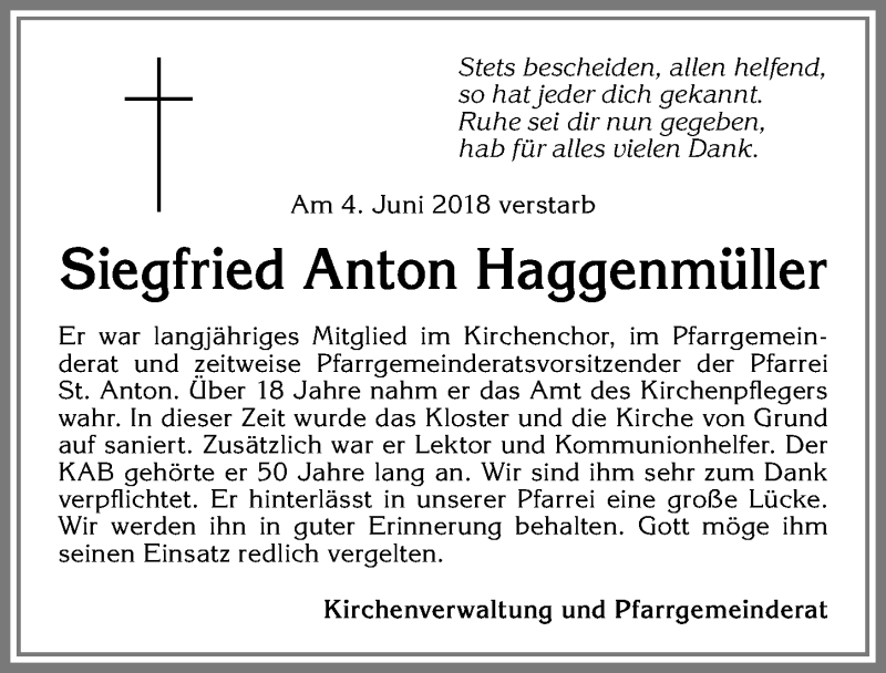 Traueranzeige von Siegfried Anton Haggenmüller von Allgäuer Zeitung,Kempten