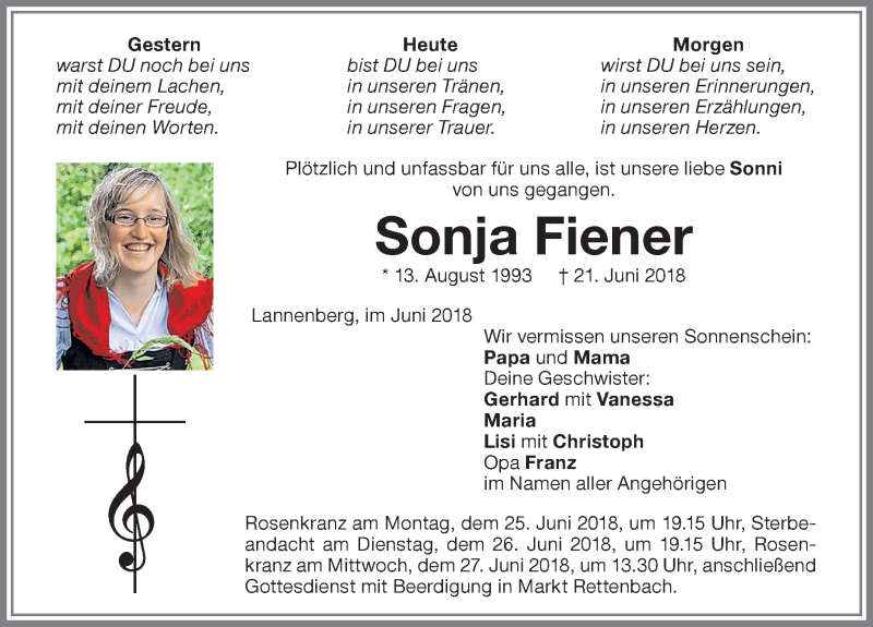 Traueranzeige von Sonja Fiener von Memminger Zeitung