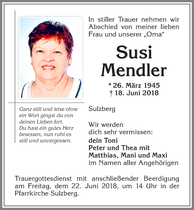 Traueranzeige von Susi Mendler von Allgäuer Zeitung,Kempten
