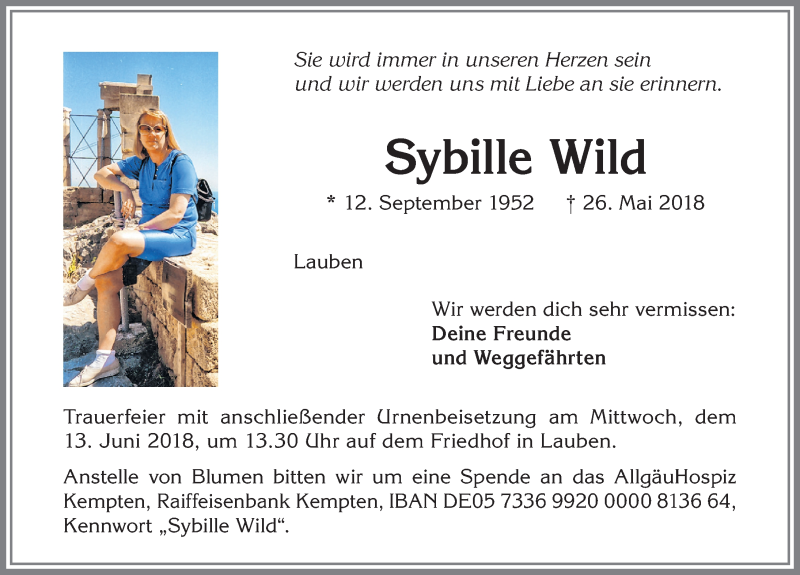 Traueranzeige von Sybille Wild von Allgäuer Zeitung,Kempten