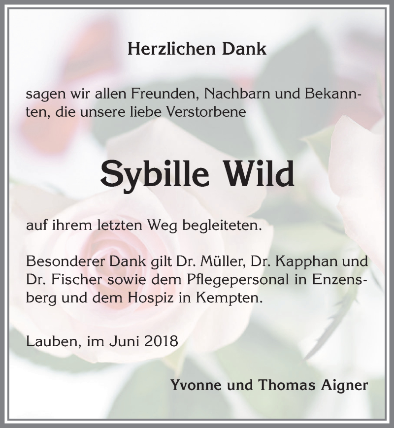 Traueranzeige von Sybille Wild von Allgäuer Zeitung,Kempten