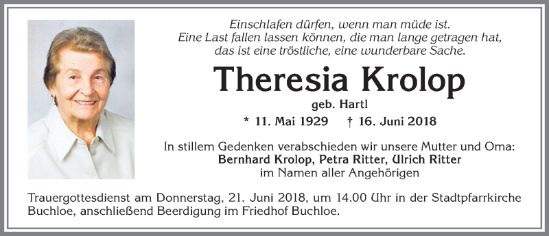 Traueranzeige von Theresia Krolop von Allgäuer Zeitung, Kaufbeuren/Buchloe