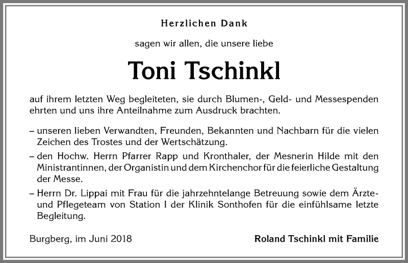 Traueranzeige von Toni Tschinkl von Allgäuer Anzeigeblatt