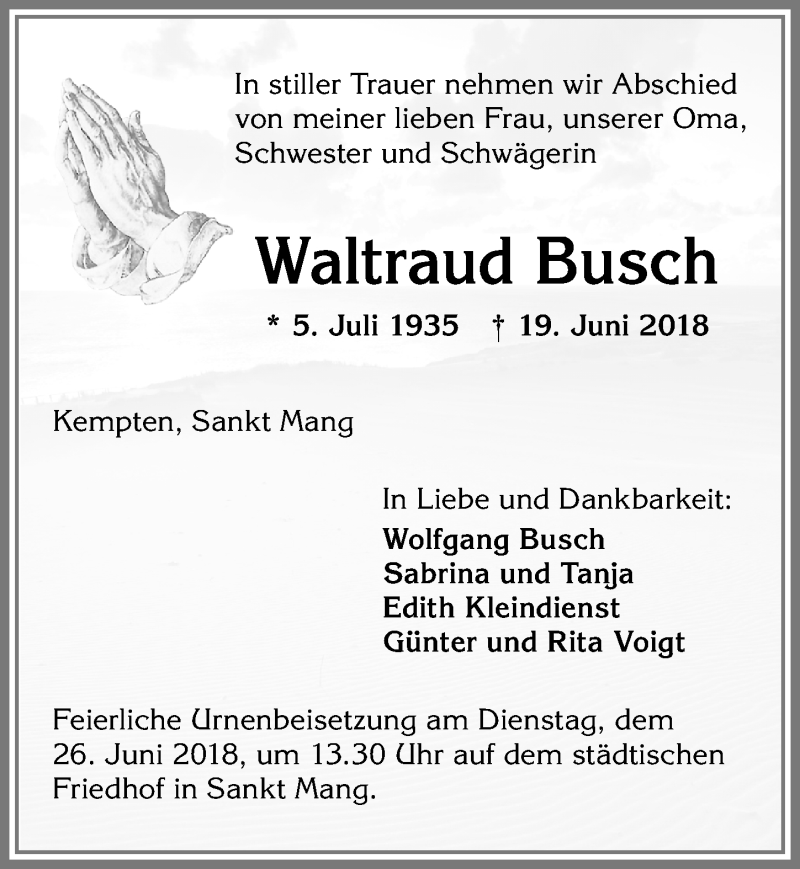 Traueranzeige von Waltraud Busch von Allgäuer Zeitung,Kempten