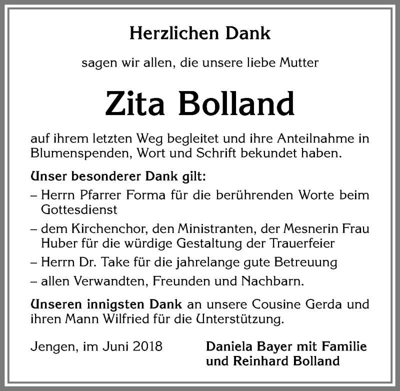 Traueranzeige von Zita Bolland von Allgäuer Zeitung, Kaufbeuren/Buchloe