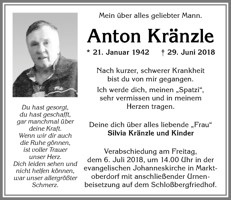 Traueranzeige von Anton Kränzle von Allgäuer Zeitung, Marktoberdorf