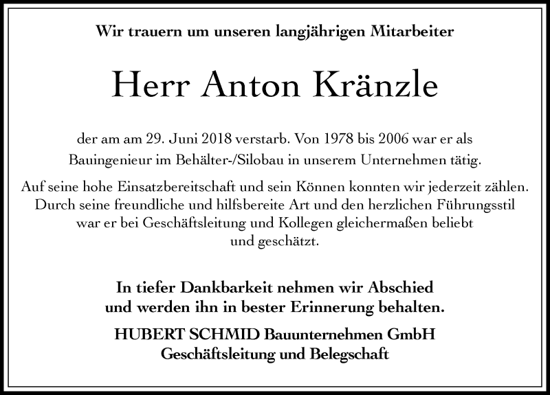 Traueranzeige von Anton Kränzle von Allgäuer Zeitung, Gesamtausgabe