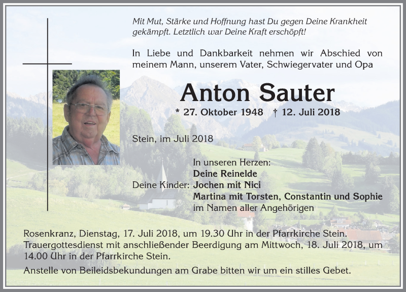 Traueranzeige von Anton Sauter von Allgäuer Anzeigeblatt