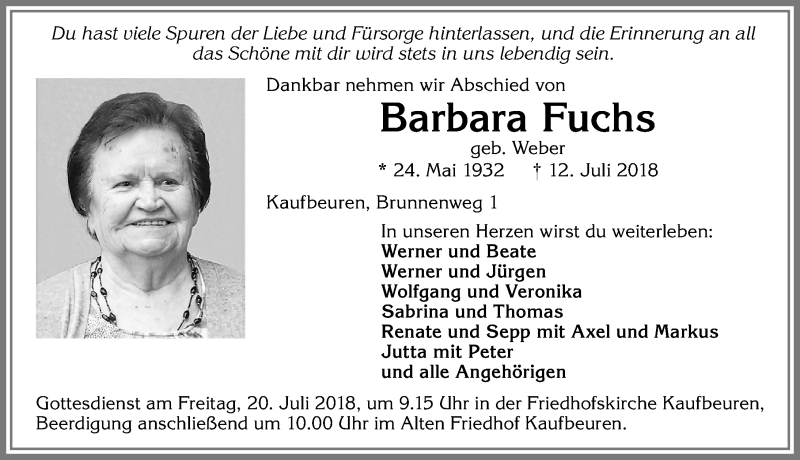 Traueranzeige von Barbara Fuchs von Allgäuer Zeitung, Kaufbeuren/Buchloe