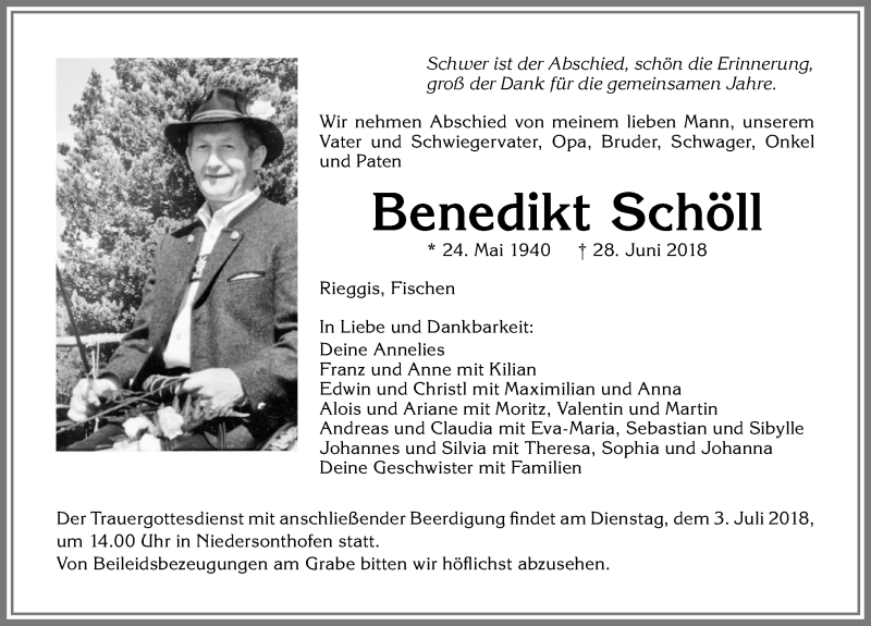 Traueranzeige von Benedikt Schöll von Allgäuer Anzeigeblatt