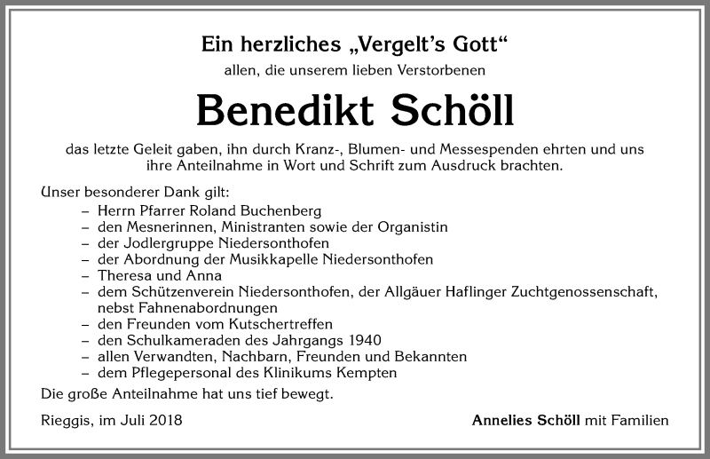 Traueranzeige von Benedikt Schöll von Allgäuer Zeitung