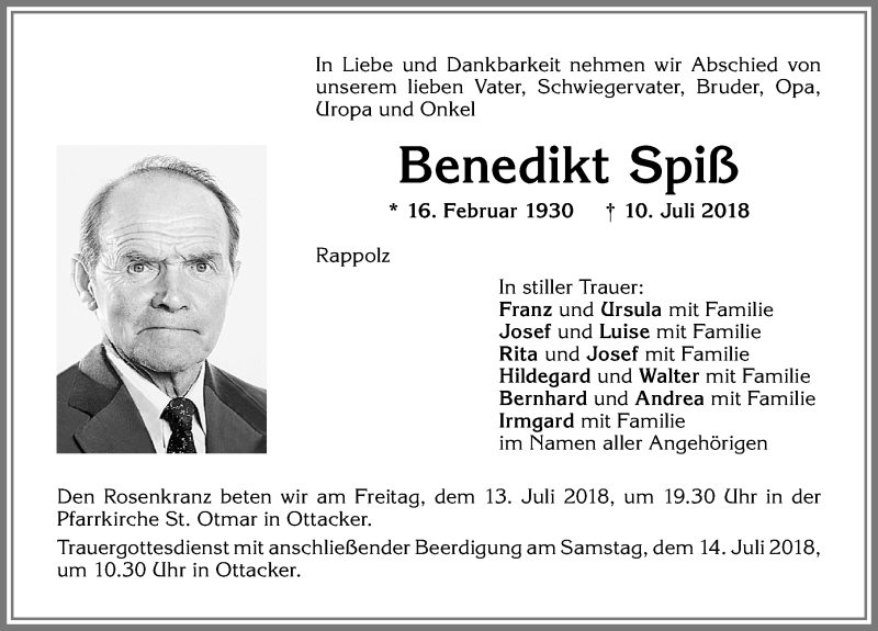 Traueranzeige von Benedikt Spiß von Allgäuer Zeitung