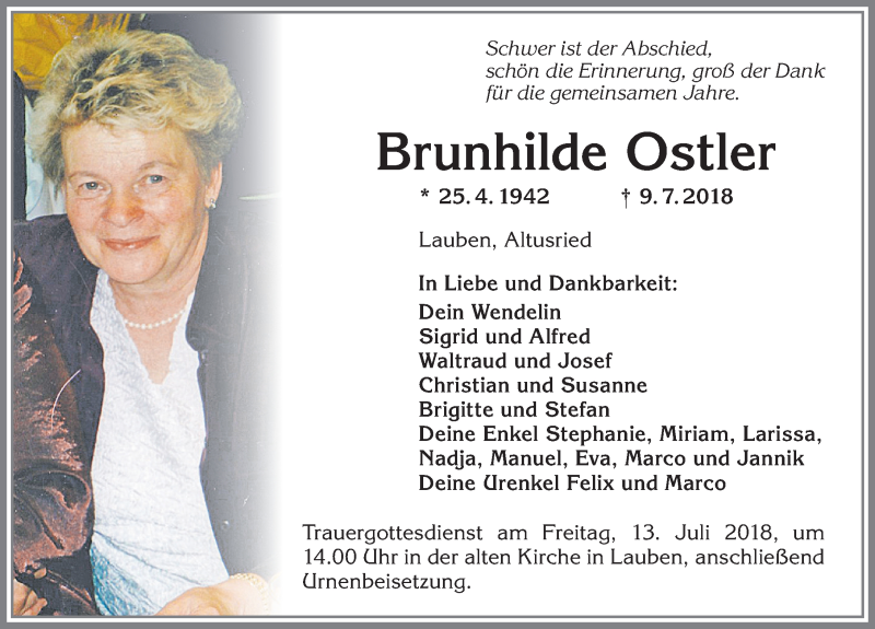 Traueranzeige von Brunhilde Ostler von Allgäuer Zeitung,Kempten