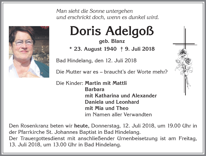 Traueranzeige von Doris Adelgoß von Allgäuer Anzeigeblatt