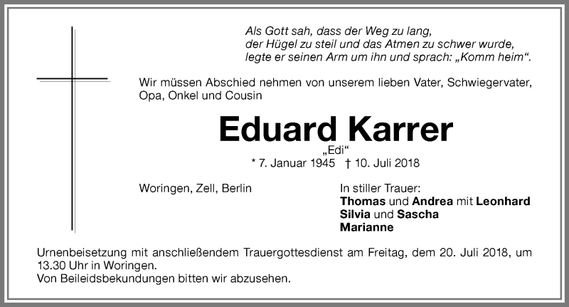 Traueranzeige von Eduard Karrer von Memminger Zeitung