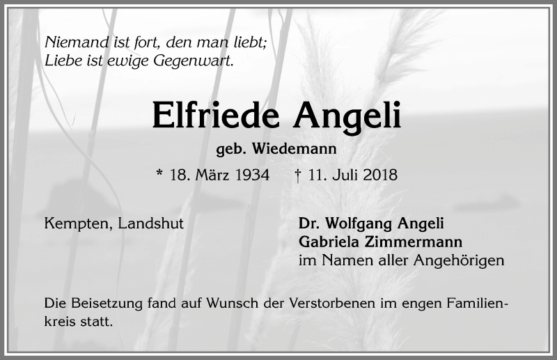 Traueranzeige von Elfriede Angeli von Allgäuer Zeitung,Kempten