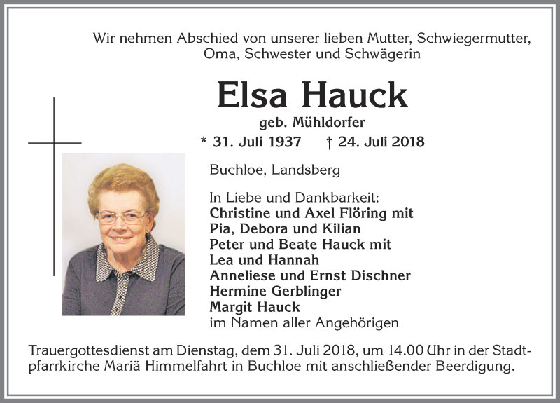 Traueranzeige von Elsa Hauck von Allgäuer Zeitung, Kaufbeuren/Buchloe