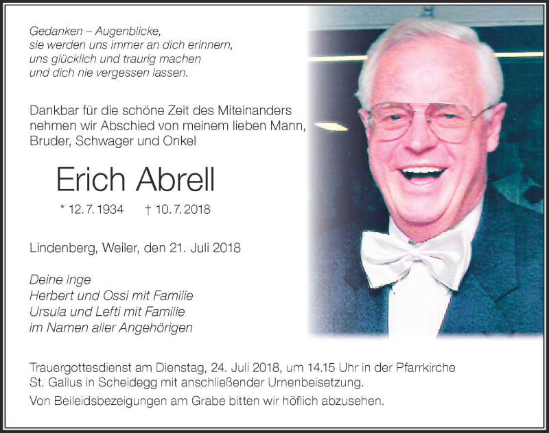 Traueranzeige von Erich Abrell von Der Westallgäuer