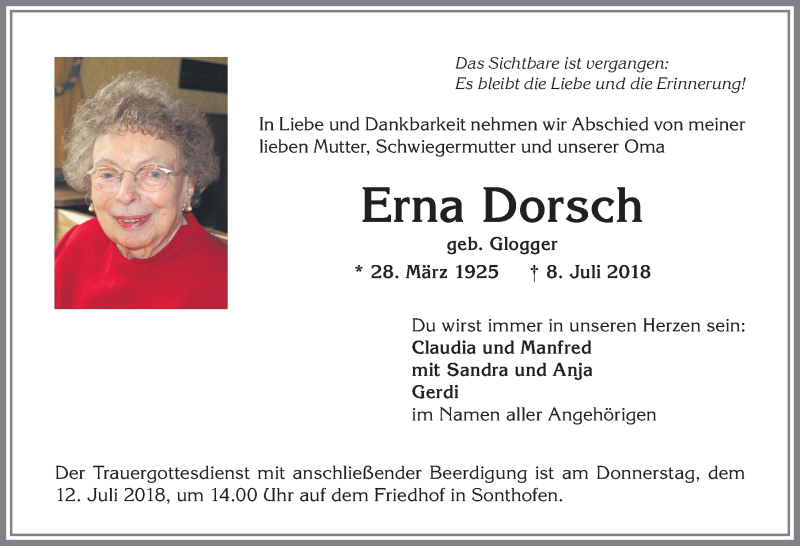 Traueranzeige von Erna Dorsch von Allgäuer Anzeigeblatt