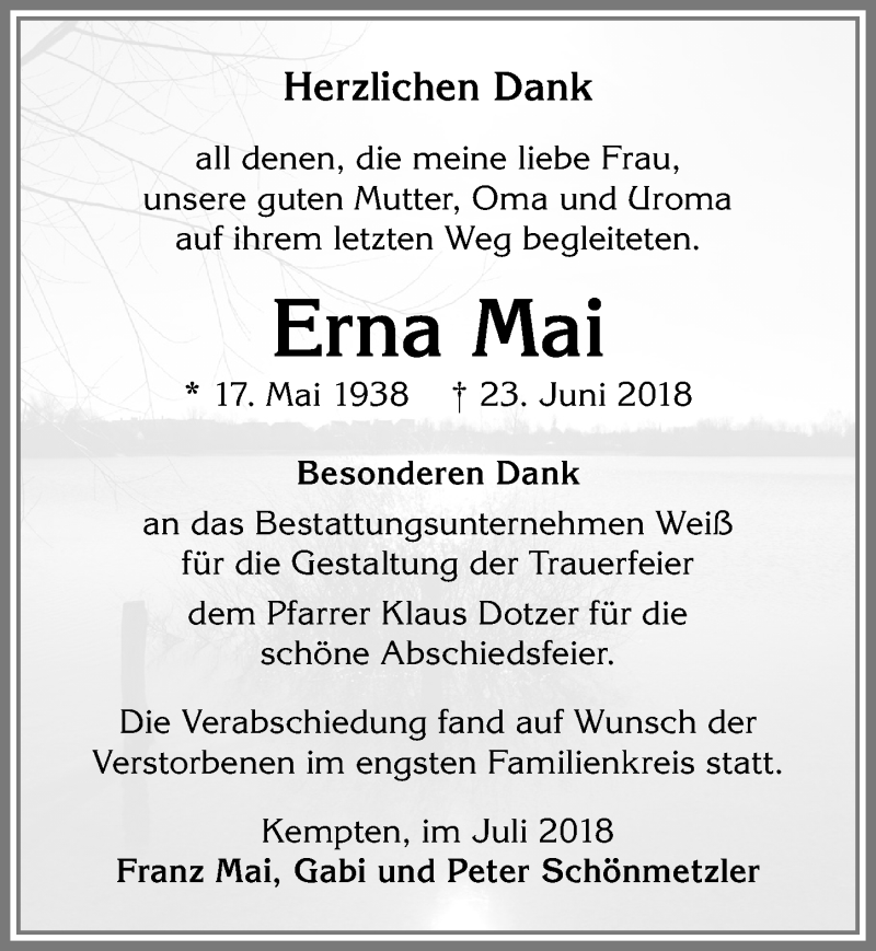 Traueranzeige von Erna Mai von Allgäuer Zeitung,Kempten