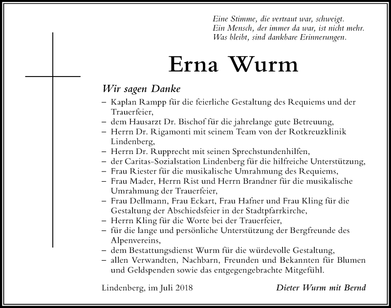 Traueranzeige von Erna Wurm von Der Westallgäuer