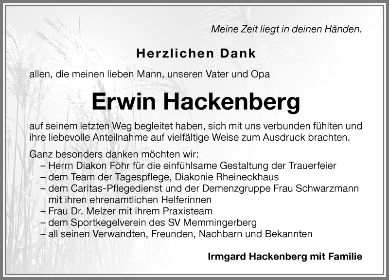 Traueranzeige von Erwin Hackenberg von Memminger Zeitung